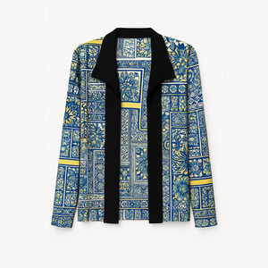 Travel Elements Vibrant Open Front Jacket with Blue and Yellow Bold Patterns